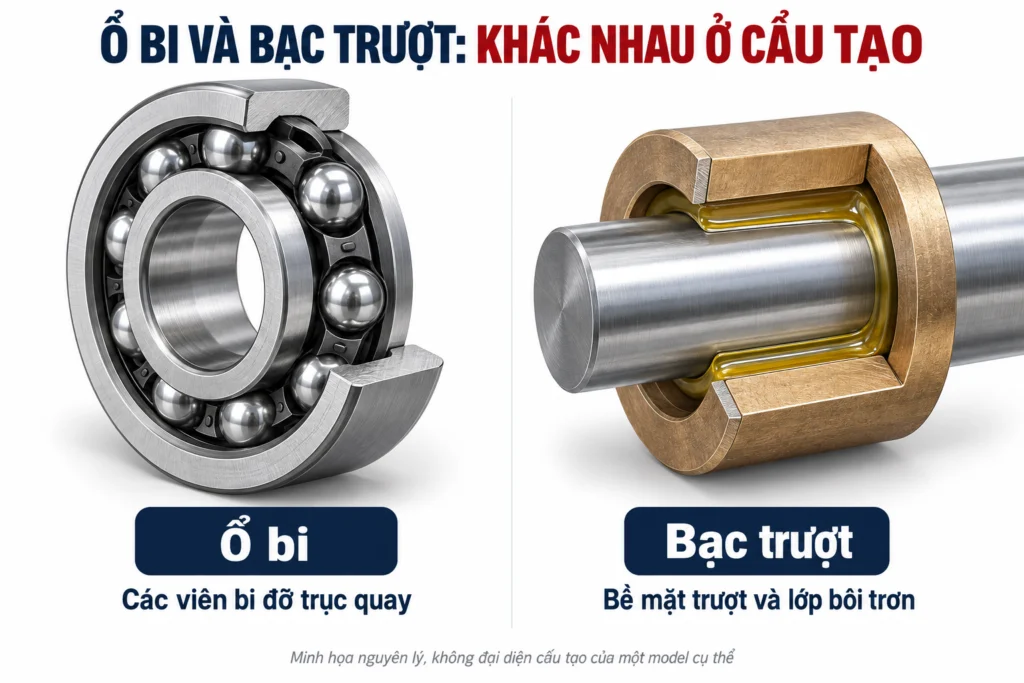 Quạt tản nhiệt ổ bi hay bạc bền hơn? Tuổi thọ khác nhau ra sao 1 Minh họa cấu tạo ổ bi và bạc trượt.