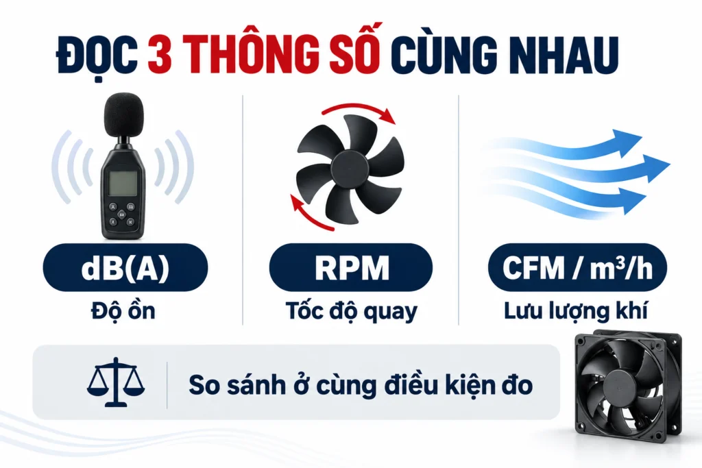 Đọc đồng thời độ ồn, tốc độ quay và lưu lượng khí.
