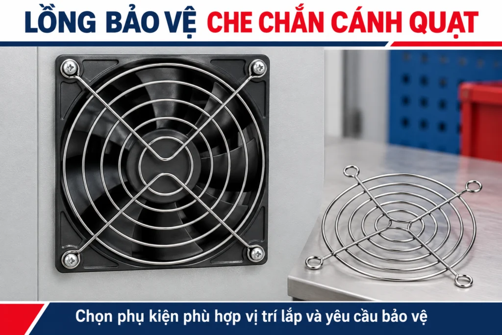 Ví dụ lồng bảo vệ quạt lắp trên vách tủ.