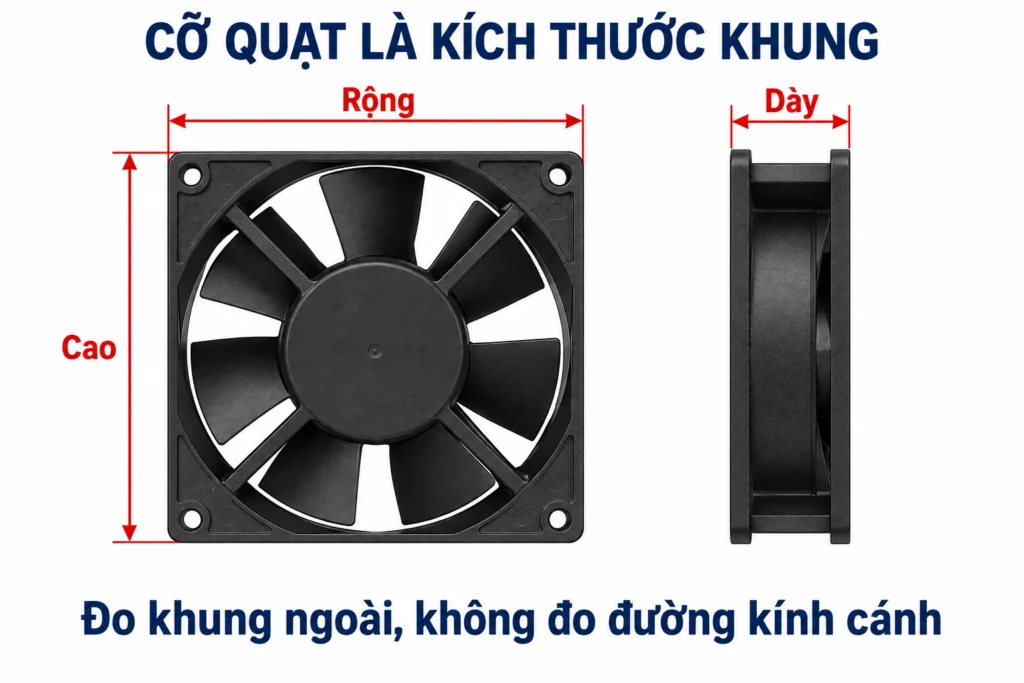Kích thước quạt tản nhiệt 40, 60, 80, 120mm: chọn cỡ nào cho đúng 1 Kích thước quạt gồm chiều rộng, chiều cao khung ngoài và độ dày.
