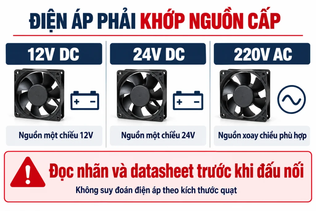 Đối chiếu loại nguồn và điện áp của quạt 12V DC, 24V DC và 220V AC.