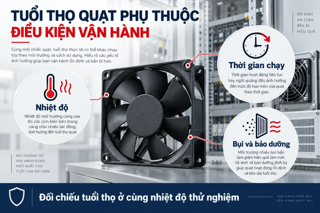 Quạt tản nhiệt ổ bi hay bạc bền hơn? Tuổi thọ khác nhau ra sao 2 Những điều kiện vận hành ảnh hưởng tuổi thọ quạt.