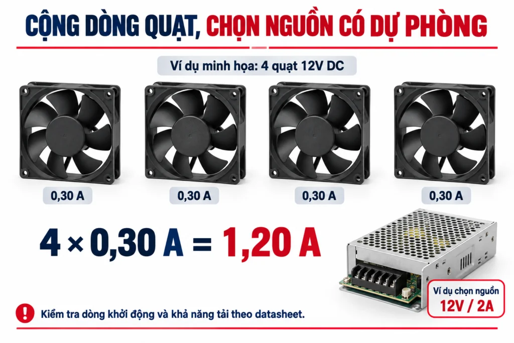 Ví dụ cộng dòng cho cụm quạt và chọn nguồn có dự phòng.