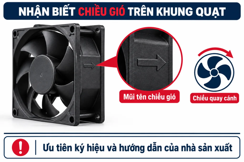 Phân biệt ký hiệu chiều gió và chiều quay trên quạt.