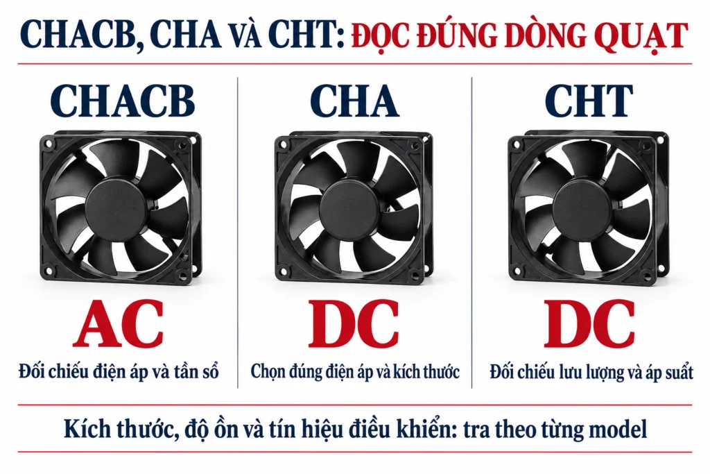 Phân biệt nguồn cấp của CHACB, CHA và CHT; thông số cụ thể tra theo model.