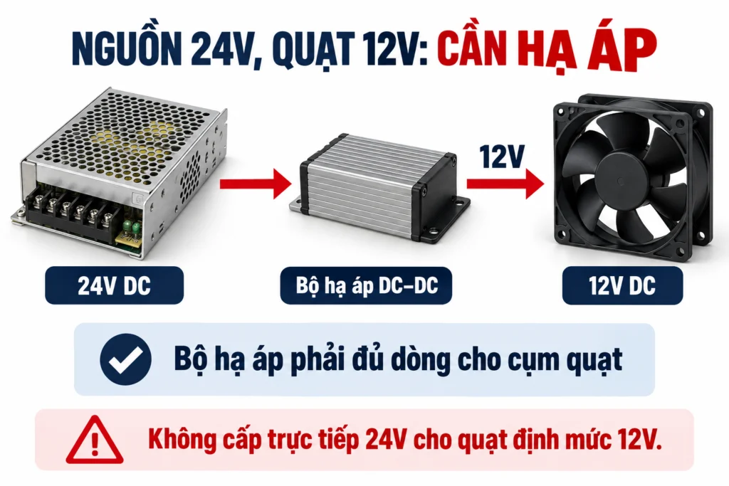 Minh họa bộ hạ áp DC–DC khi dùng nguồn 24V cho quạt 12V.