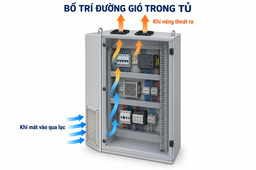 Một tủ điện cần mấy quạt làm mát? Cách tính nhanh theo nhiệt lượng 1 Minh họa khí vào qua lọc phía dưới và thoát qua hai quạt phía trên