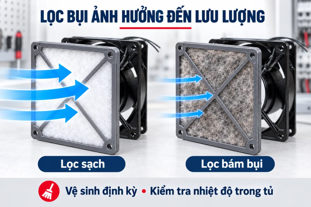 Một tủ điện cần mấy quạt làm mát? Cách tính nhanh theo nhiệt lượng 3 Minh họa so sánh lọc sạch và lọc bám bụi ảnh hưởng đến lưu lượng